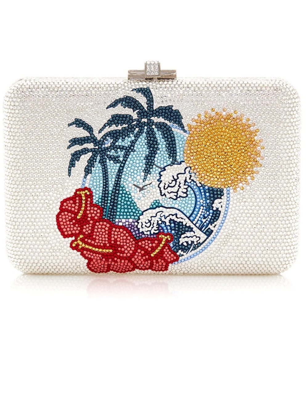 Judith Leiber White Crystal Tropical Wave Minaudière with Red Hibiscus